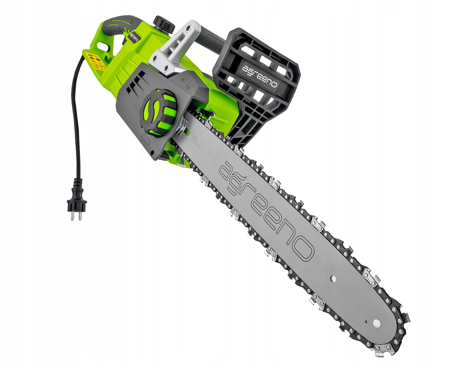 Pilarka łańcuchowa marki Agreeno utrzymana w zielono-szarej kolorystyce z elementami czarnymi, takimi jak uchwyt, obudowa silnika i przewód zasilający, na białym tle - ujęcie nr 3